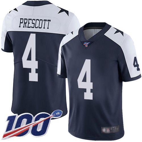 Men Dallas Cowboys Limited Navy Blue Dak Prescott Alternate #4 100th Season Vapor Untouchable Throwback NFL Jersey
